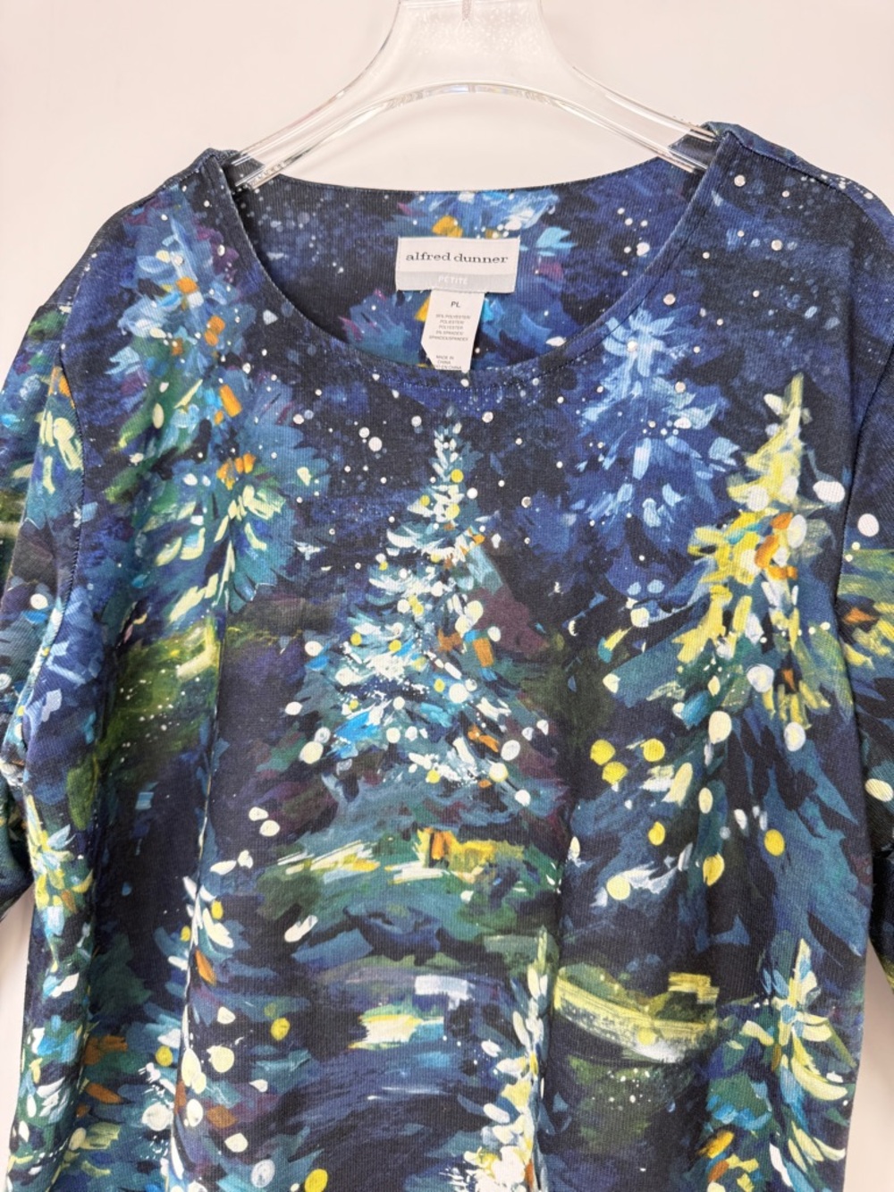 Alfred Dunner Women's Petite Starry Night Tree Top Navy/Green Size Petite Large - Picture 4 of 14